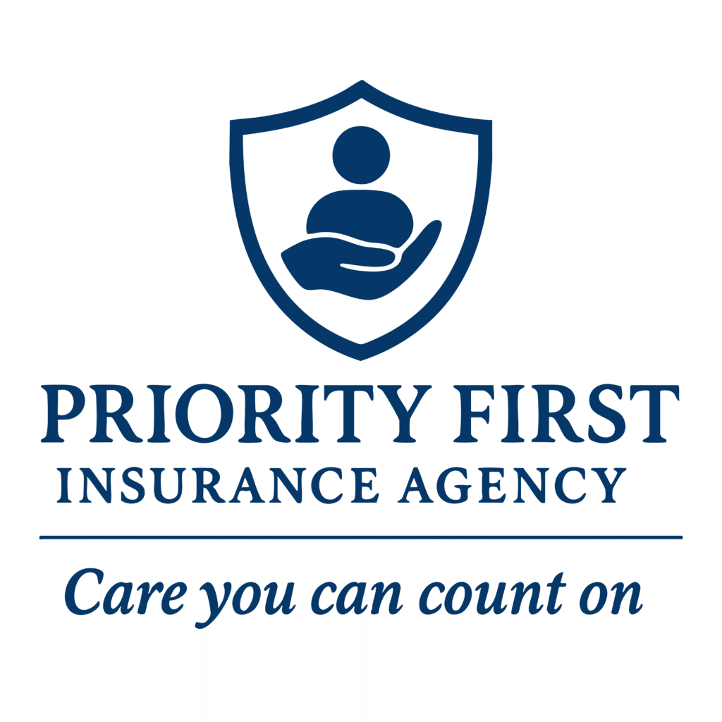 Logo for Priority First Insurance Agency featuring a shield with a hand holding a person icon, and the slogan "Care you can count on" below the company name.