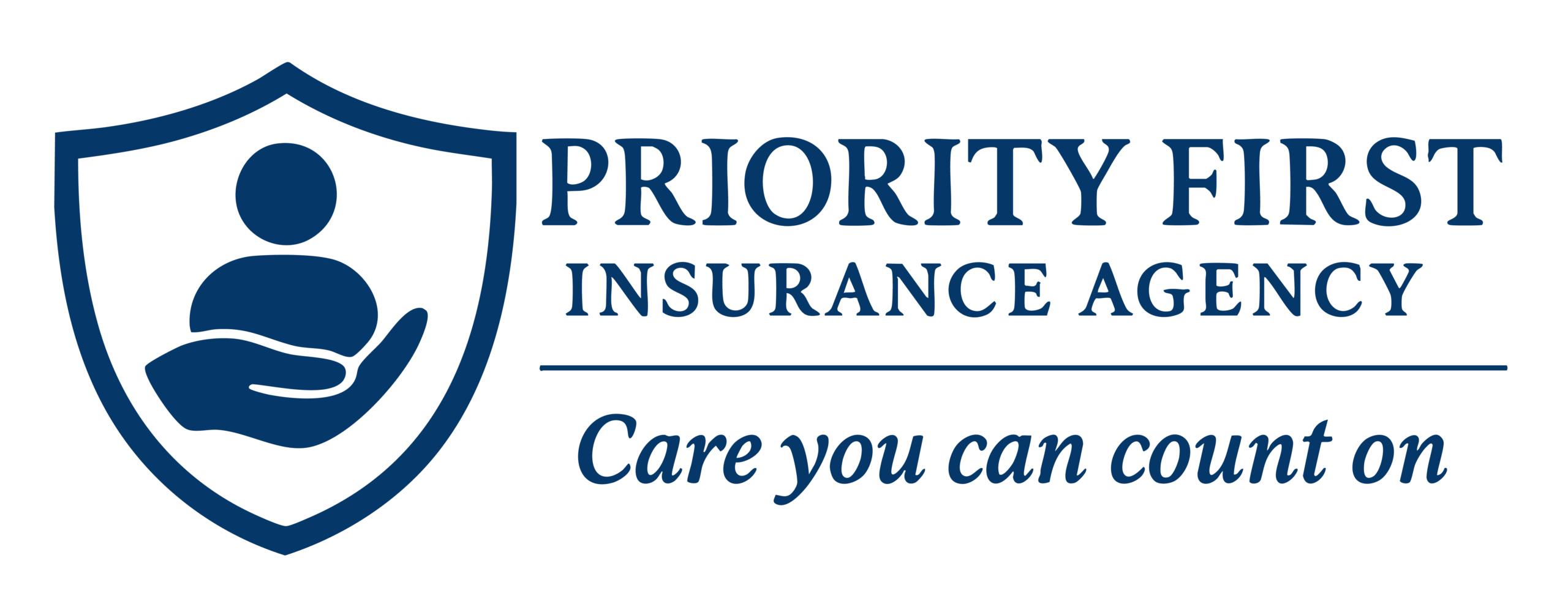 Logo for Priority First Insurance Agency featuring a shield with a hand holding a person icon, alongside the text "Care you can count on.