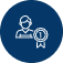 White outline icon of a person with a first place ribbon in front of them, on a dark blue circular background—representing About Priority First Insurance and its commitment to excellence.