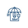 Blue line drawing of an umbrella covering a document with a signature, pencil, and shield, symbolizing document protection or insurance from Priority First Insurance.